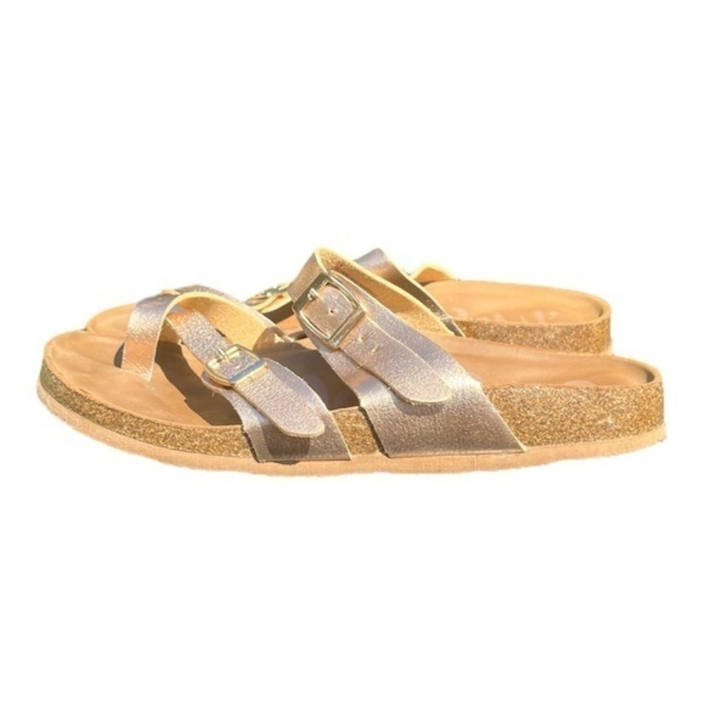 Mad Love Sandals Buckle Strappy Slide Metallic Pewter Faux Leather size 8